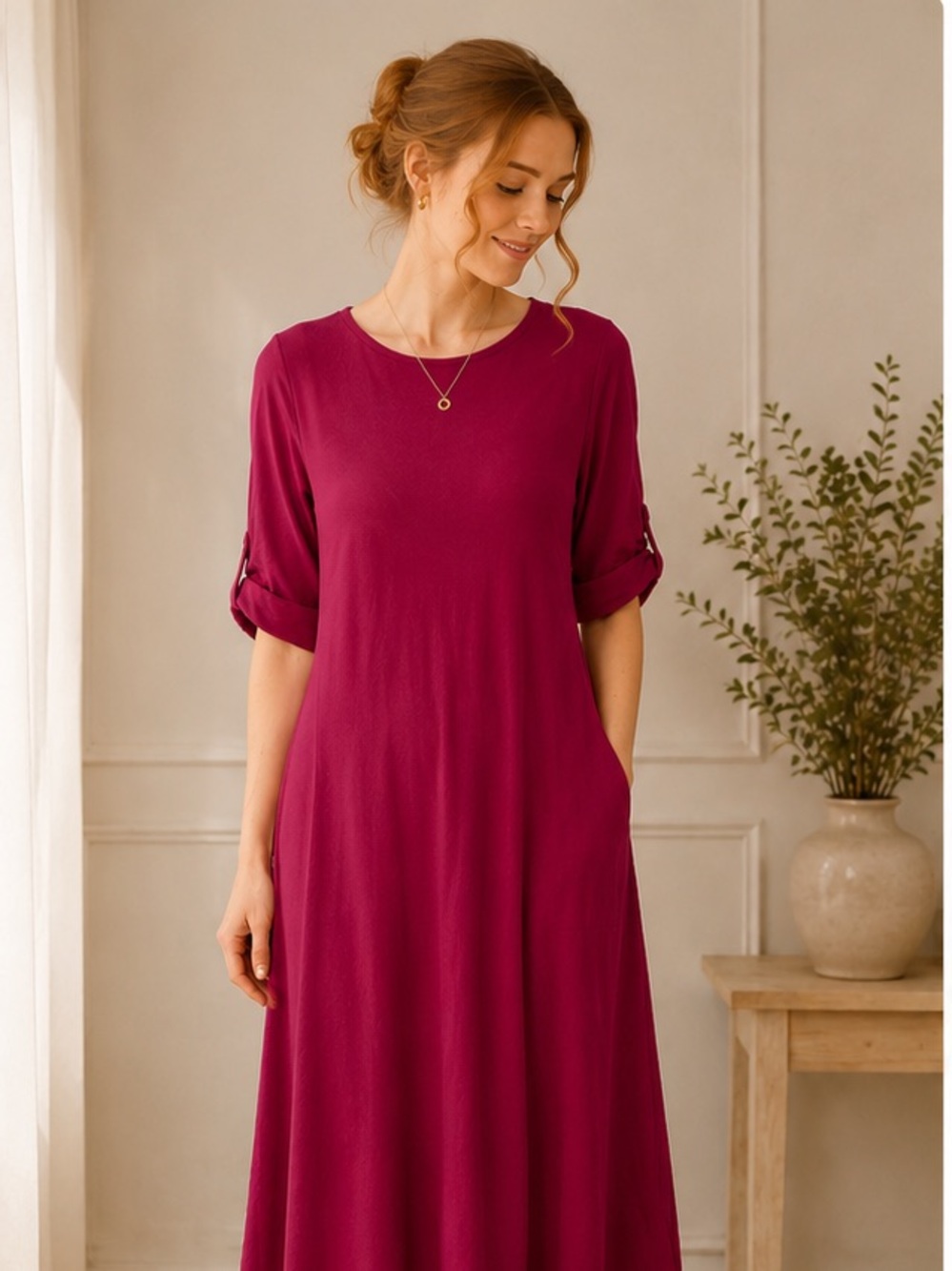 Yakira Bella Casual Magenta Midi Dress with Tie Back - Women's